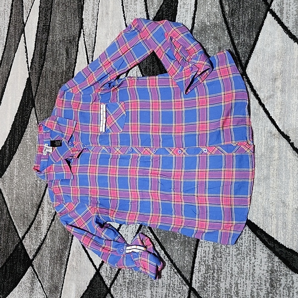 BKE PLAID BEADED BUTTON-DOWN LONG-SLEEVED FITTED SHIRT LARGE